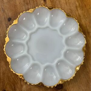 Deviled Egg/Oyster Dish White Glass with Gold Edge